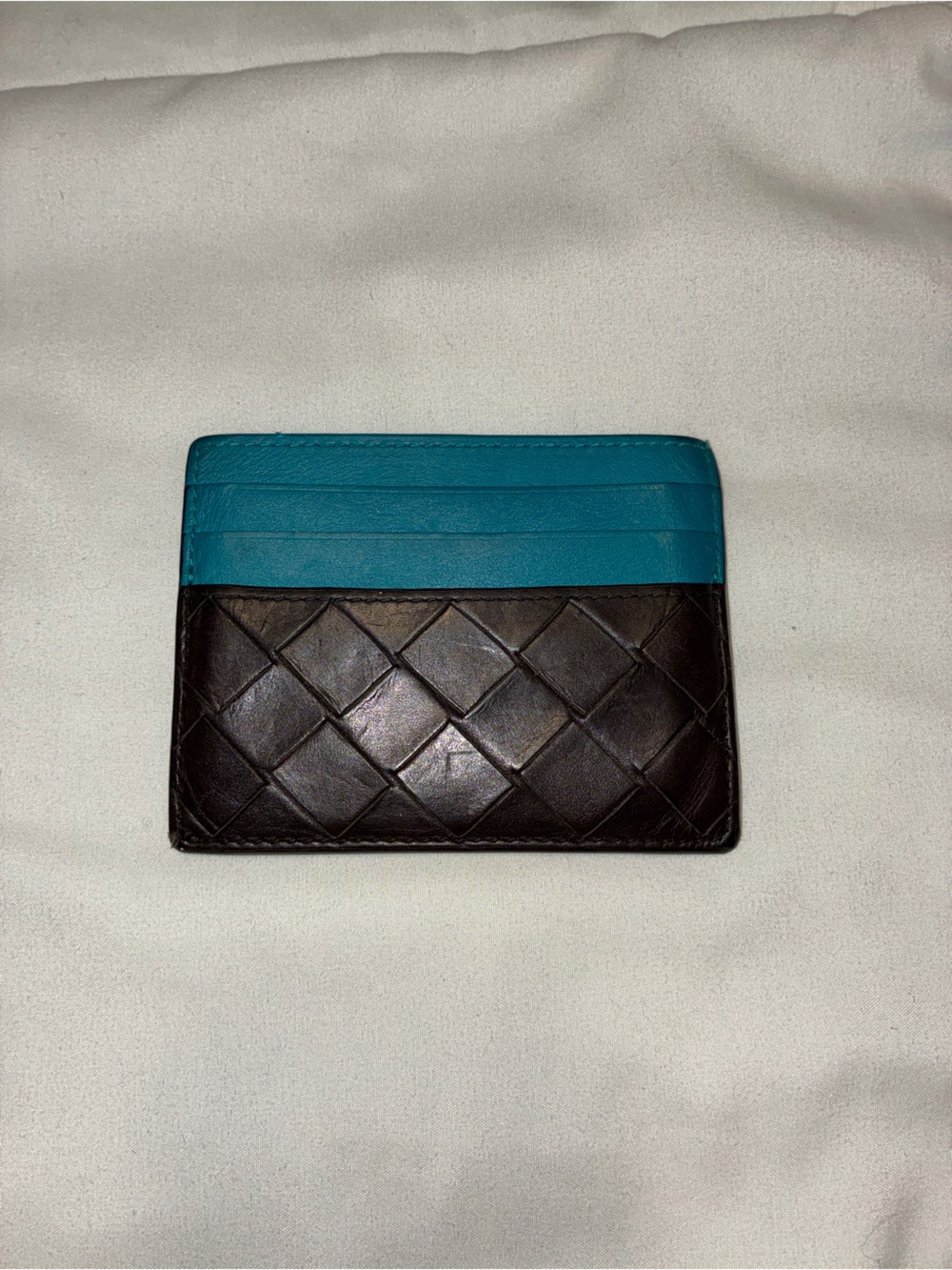 Bottega Veneta Black and Teal Woven Card Holder